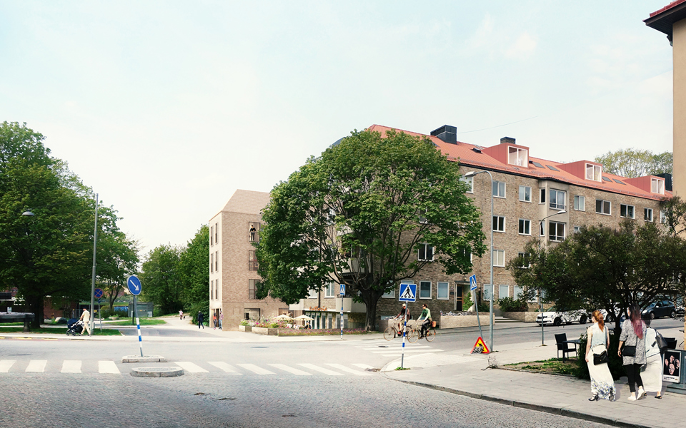 Flerbostadshus med 3-4 våningar vid en gatukorsning.  Stora träd, människor i rörelse på trottoar och vid ett övergångsställe. Illustration